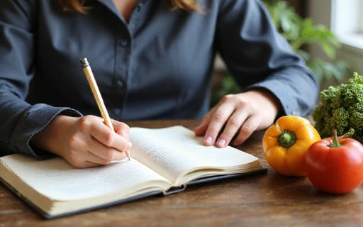 Kobieta-nutrycjolog pisząca w notatniku, obok niej świeże warzywa i owoce na stole.