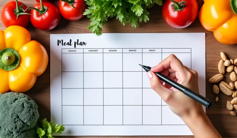 Ręka pisząca plan posiłków na kartce, obok leżą zdrowe składniki: warzywa, owoce, orzechy.